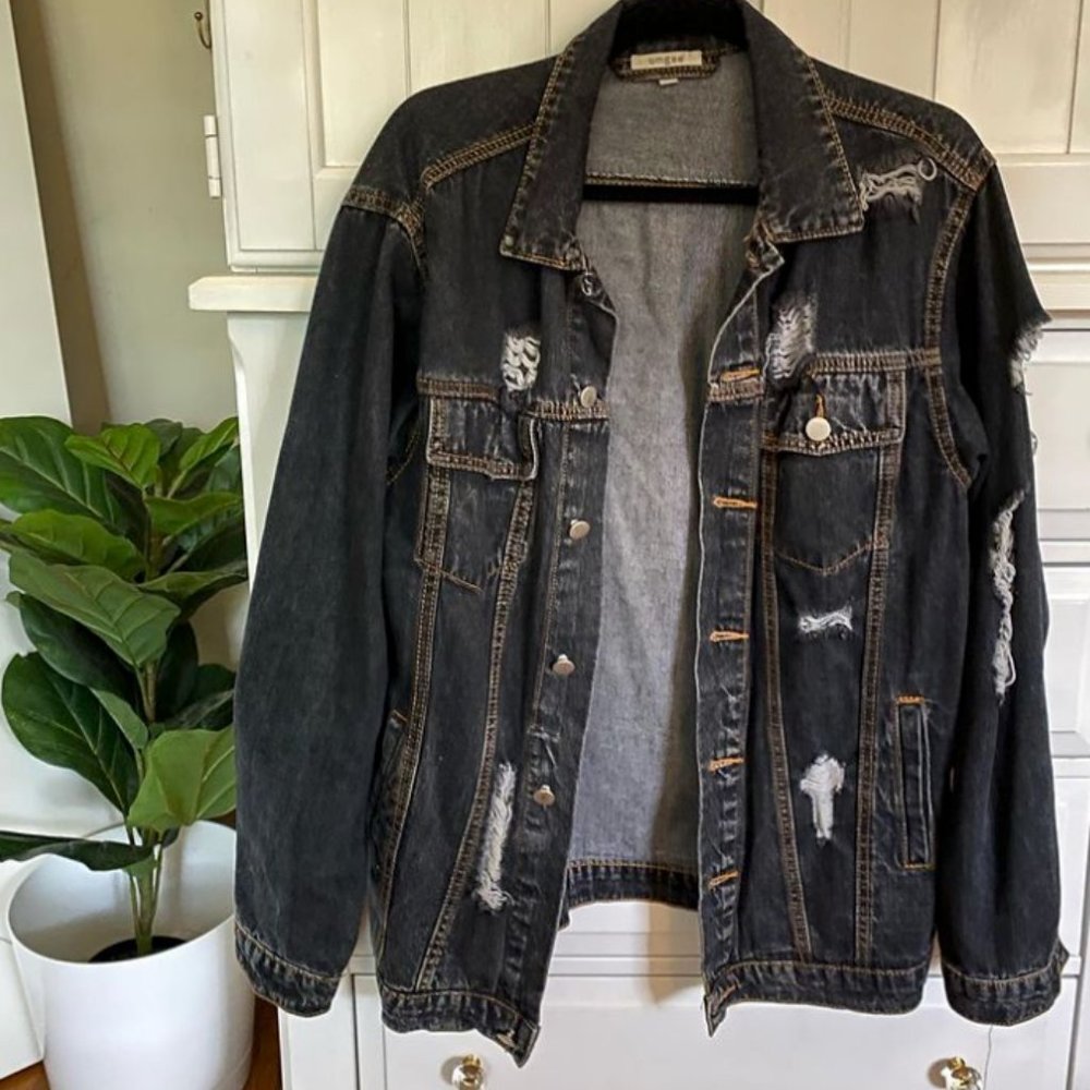 Oversized Dark Denim Ripped Jacket